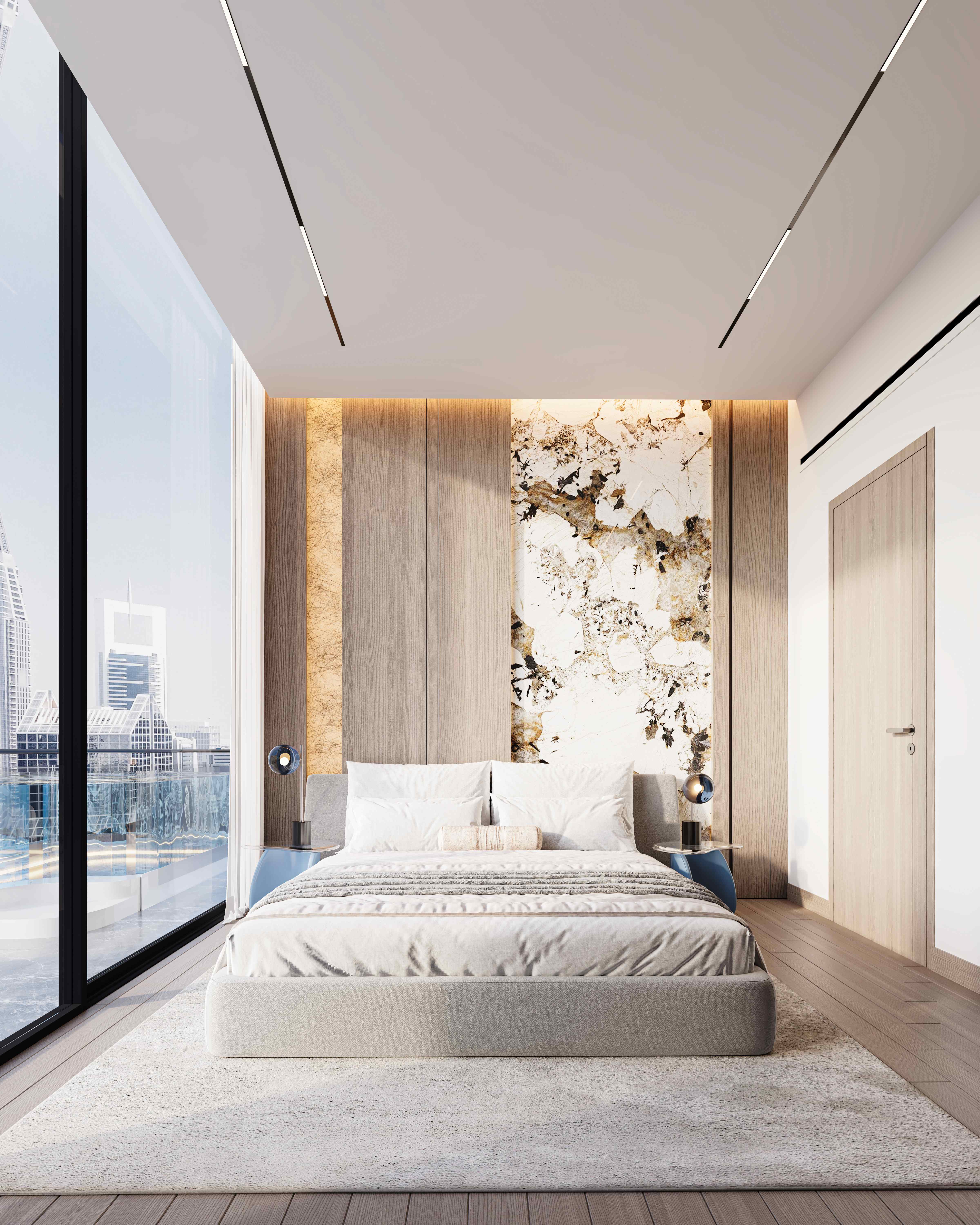 Master bedroom with floor-to-ceiling windows and artistic headboard