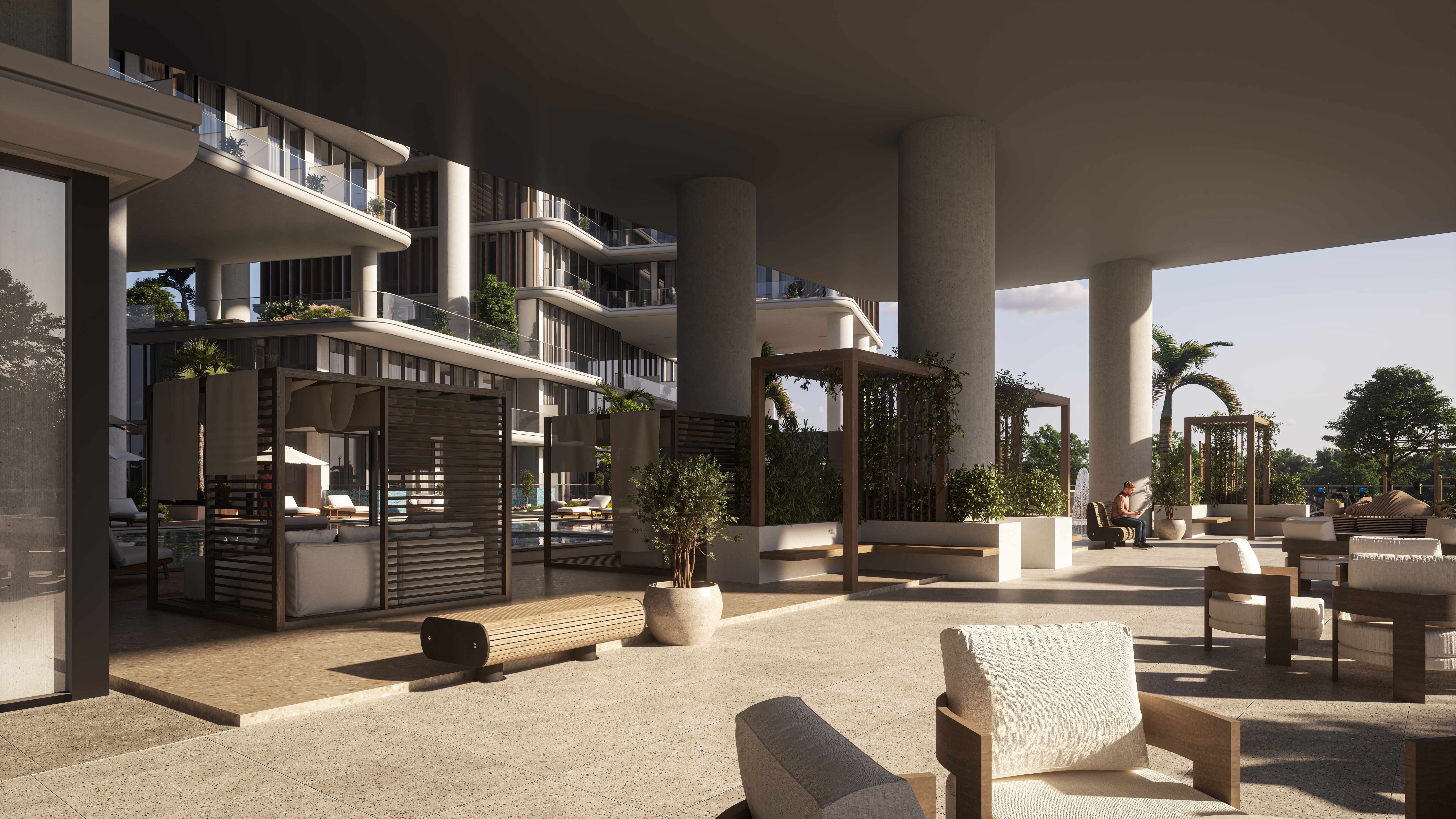 Modern outdoor lounge area with wooden furniture and columns