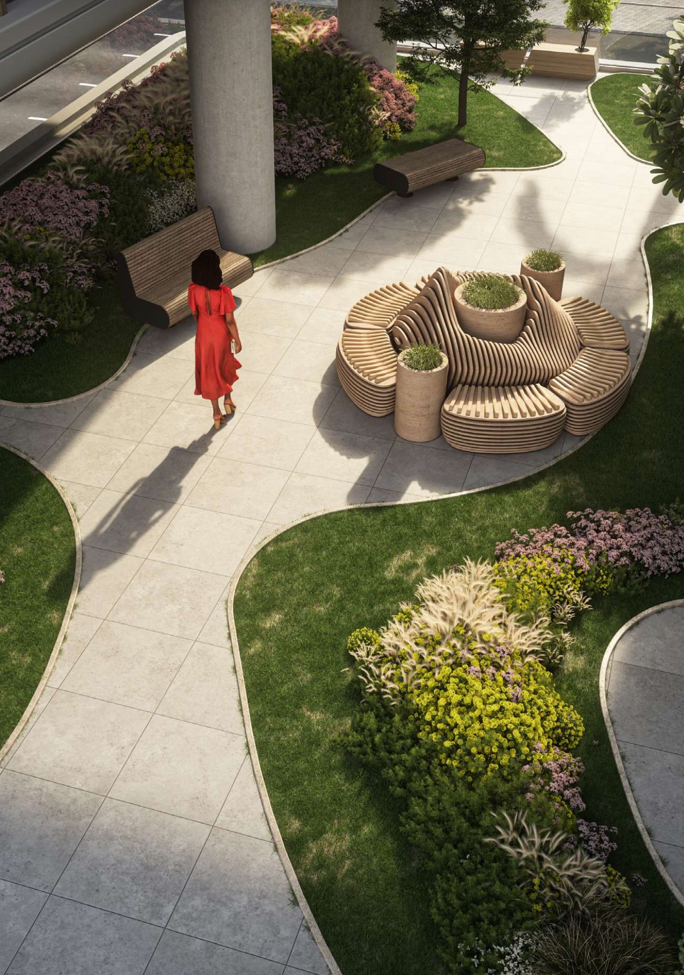Sculptural circular seating with curved pathways and lush landscaping