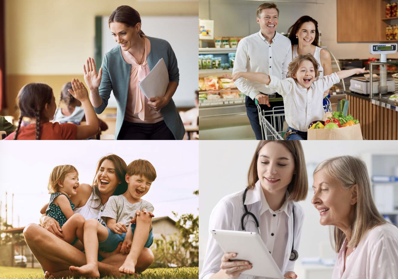 Family lifestyle collage showing education, shopping, outdoor activities, and healthcare