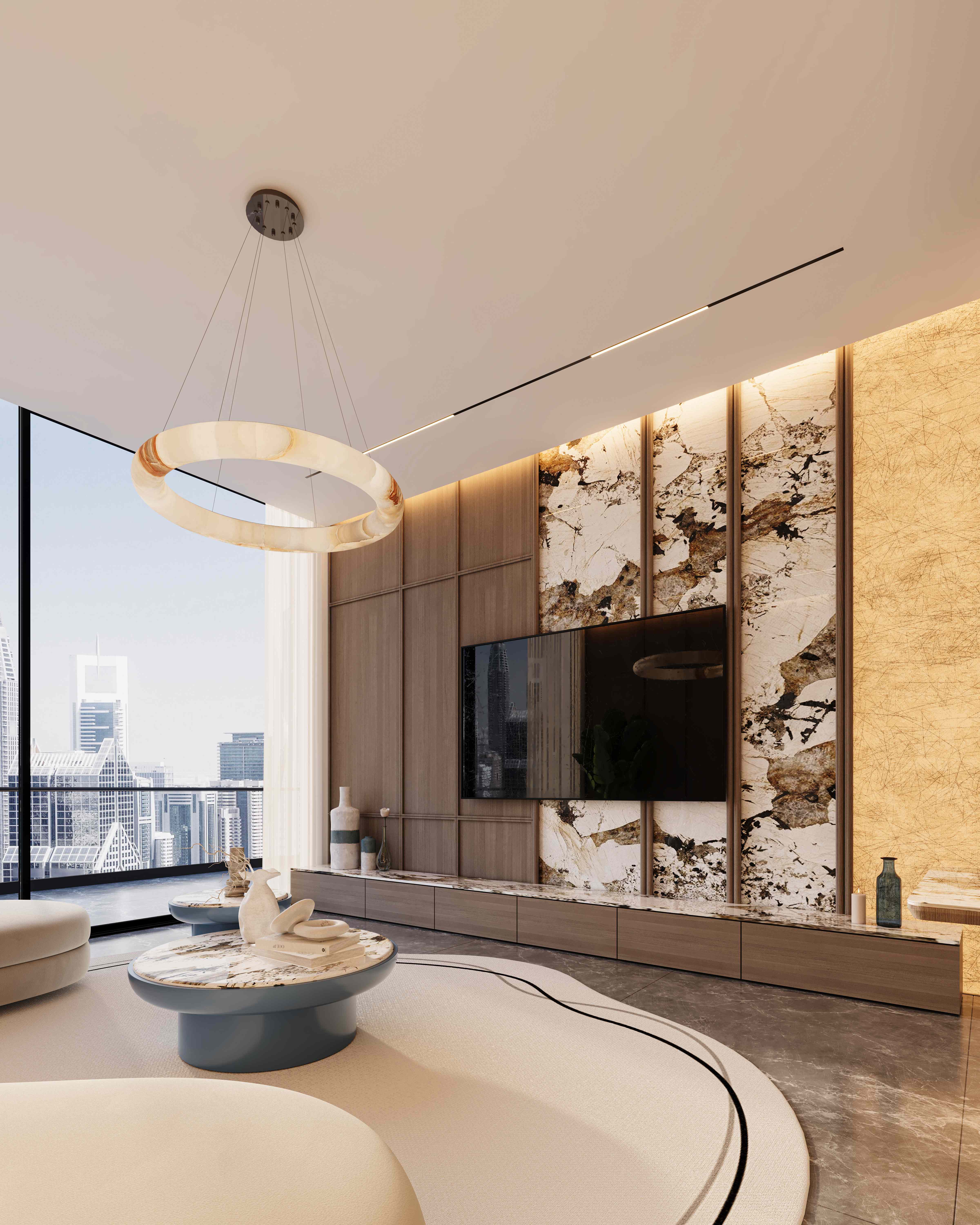 Entertainment wall with TV and artistic panels