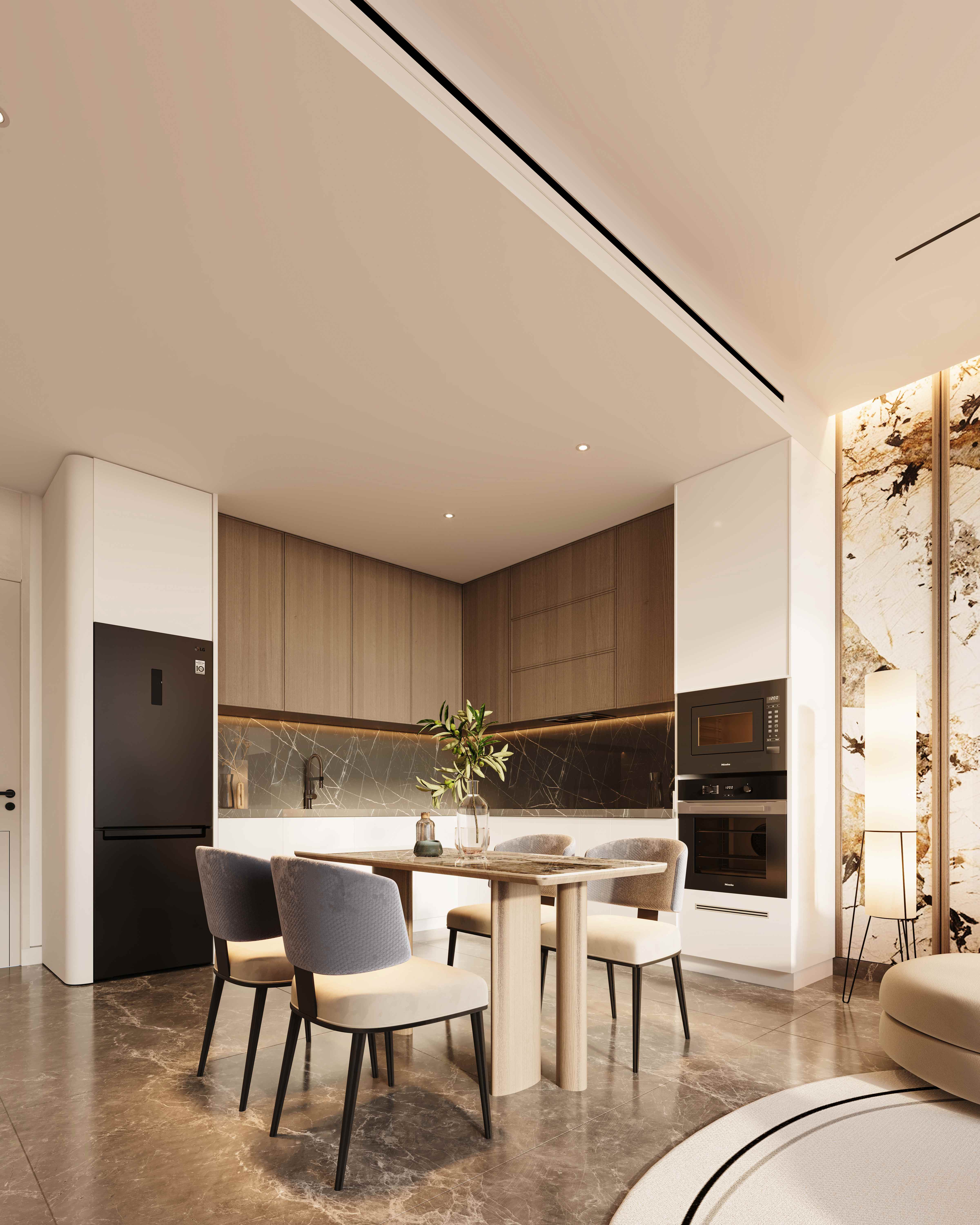 Compact kitchen with marble countertops and wooden cabinetry