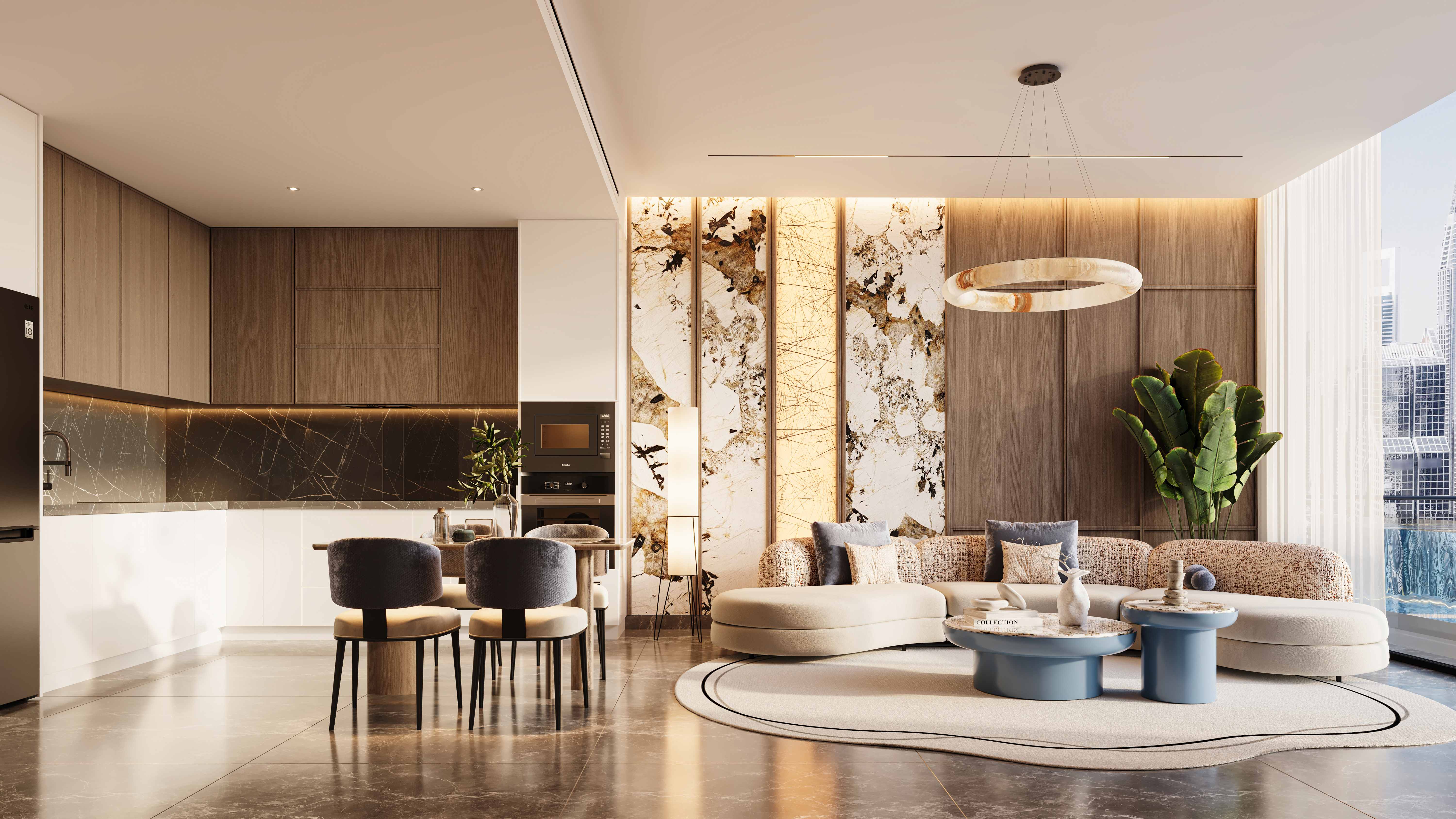 Modern kitchen with marble countertops and integrated appliances