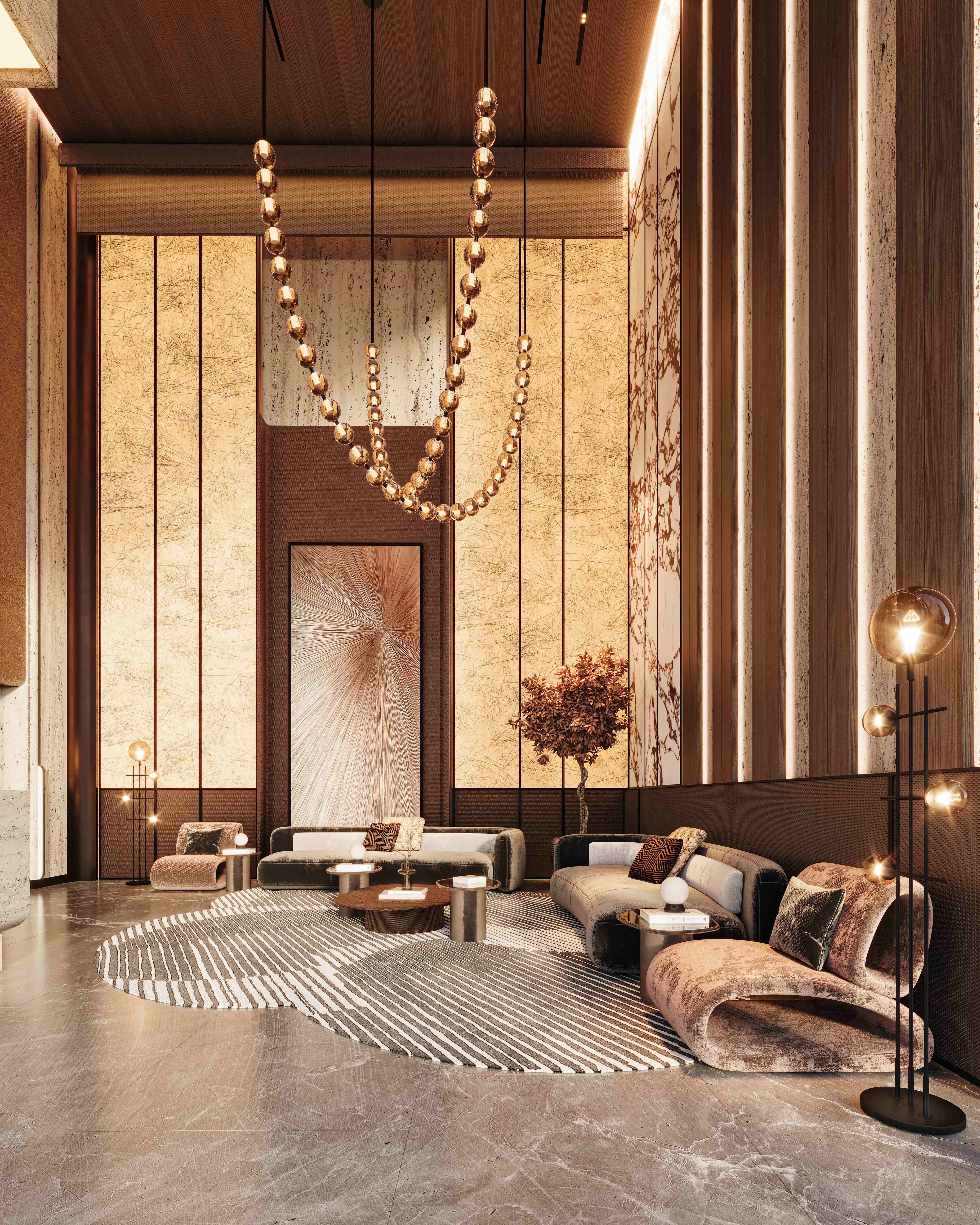 Double-height lobby lounge with statement chandelier