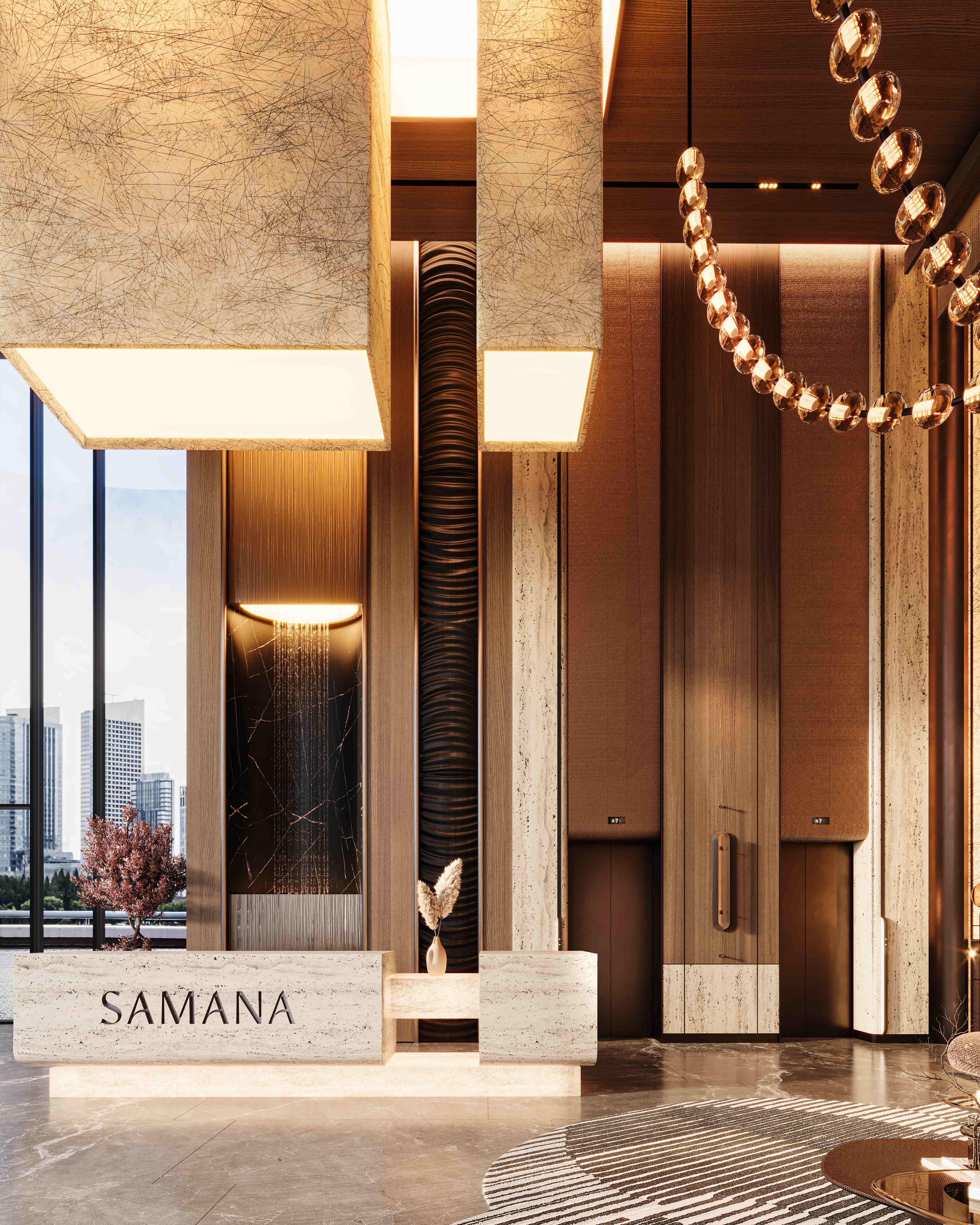 Elegant lobby entrance with marble reception and crystal chandelier