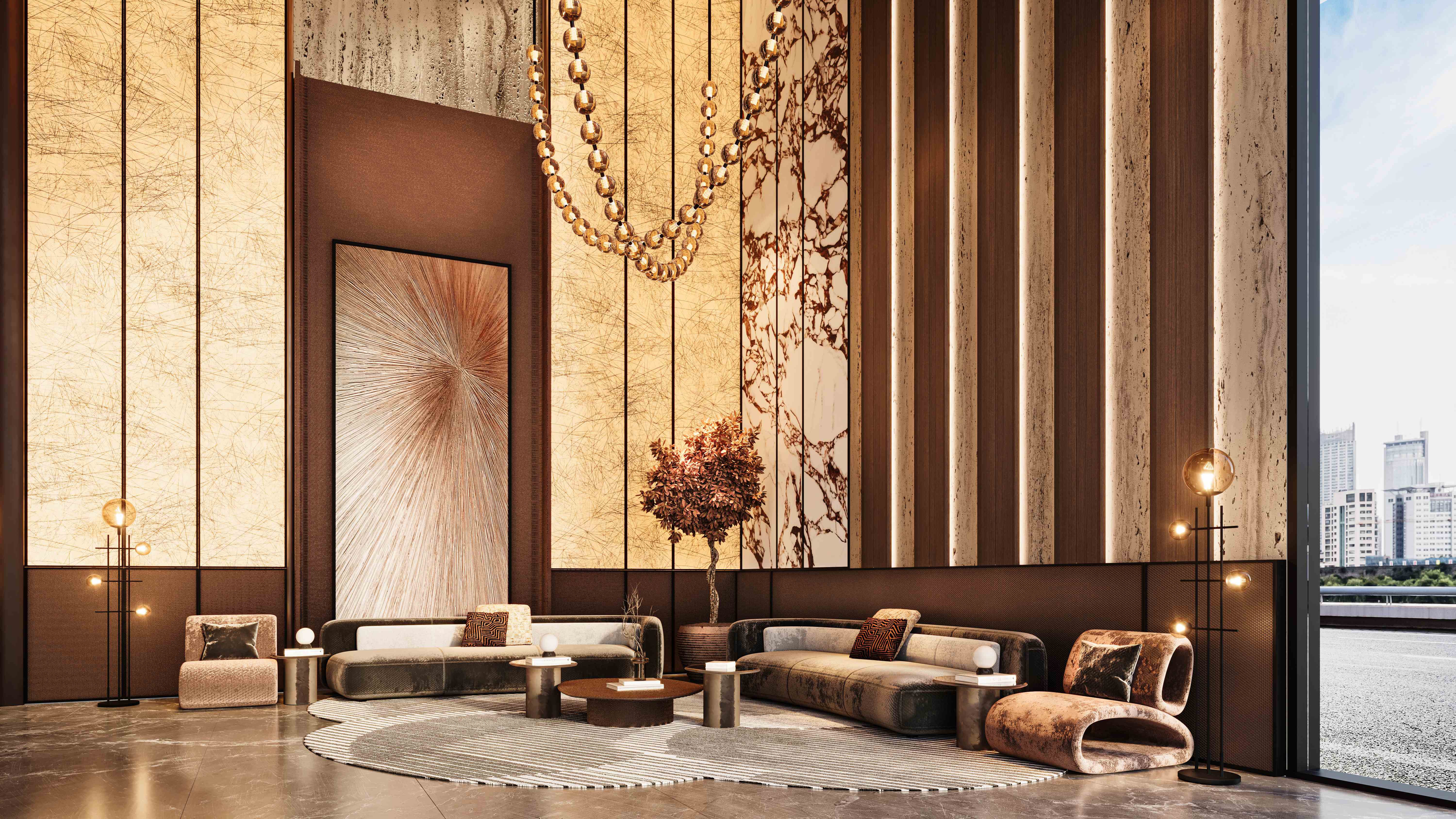 Elegant lobby with double-height ceilings and luxury seating
