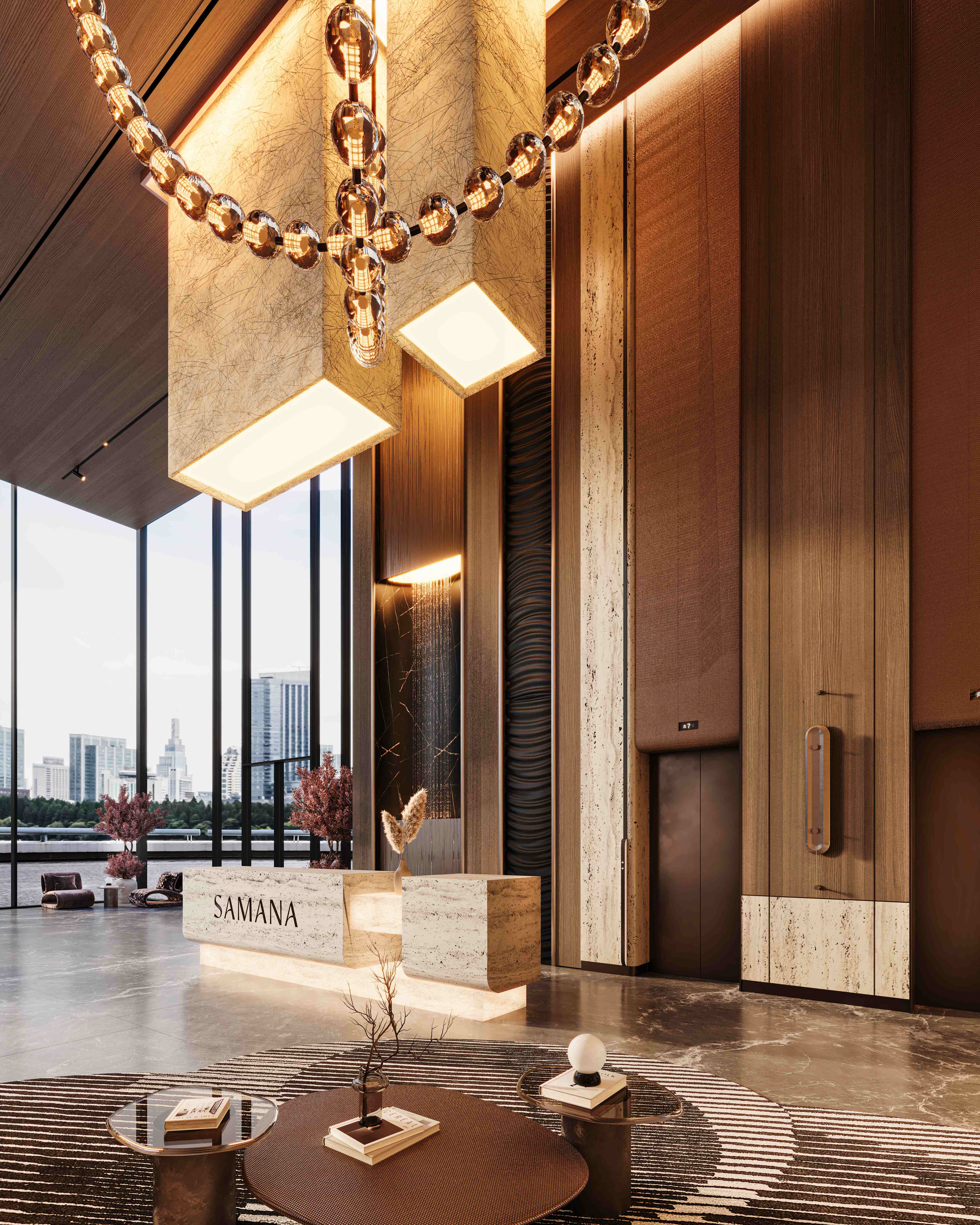 Elegant spa reception with SAMANA branding and crystal chandeliers