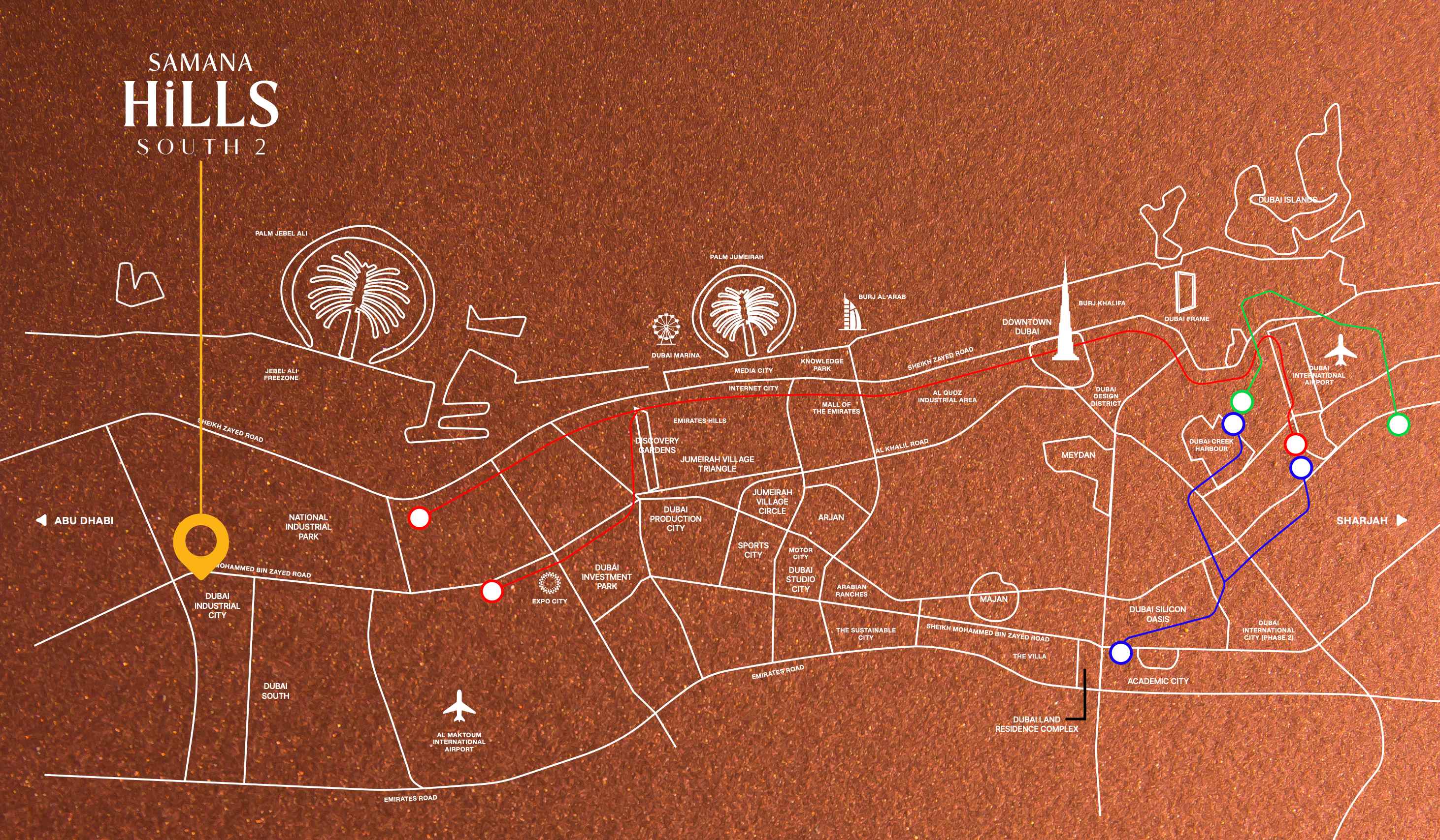 Dubai location map showing Samana Hills South 2 strategic position and connectivity
