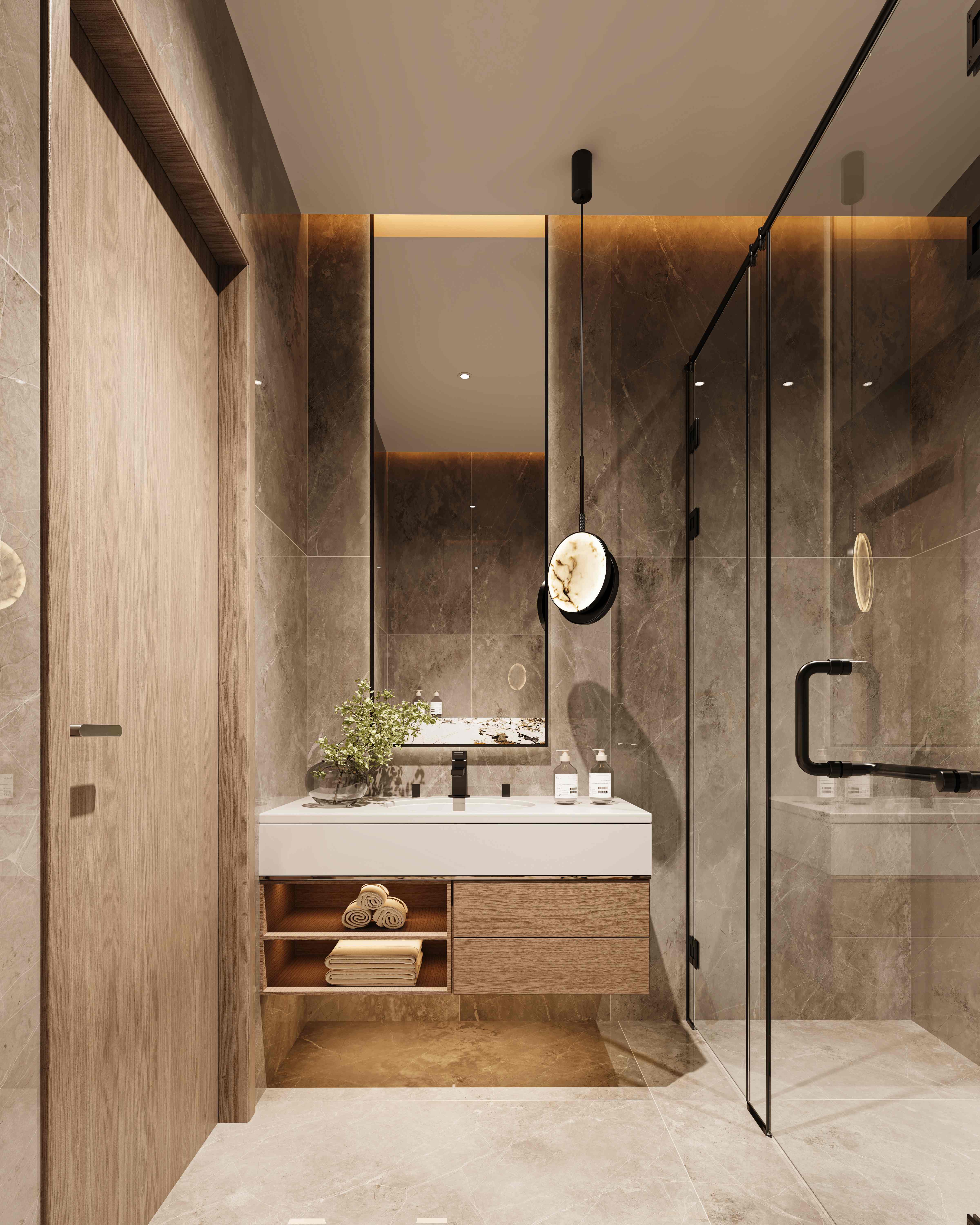 Luxurious master bathroom with marble shower and floating vanity