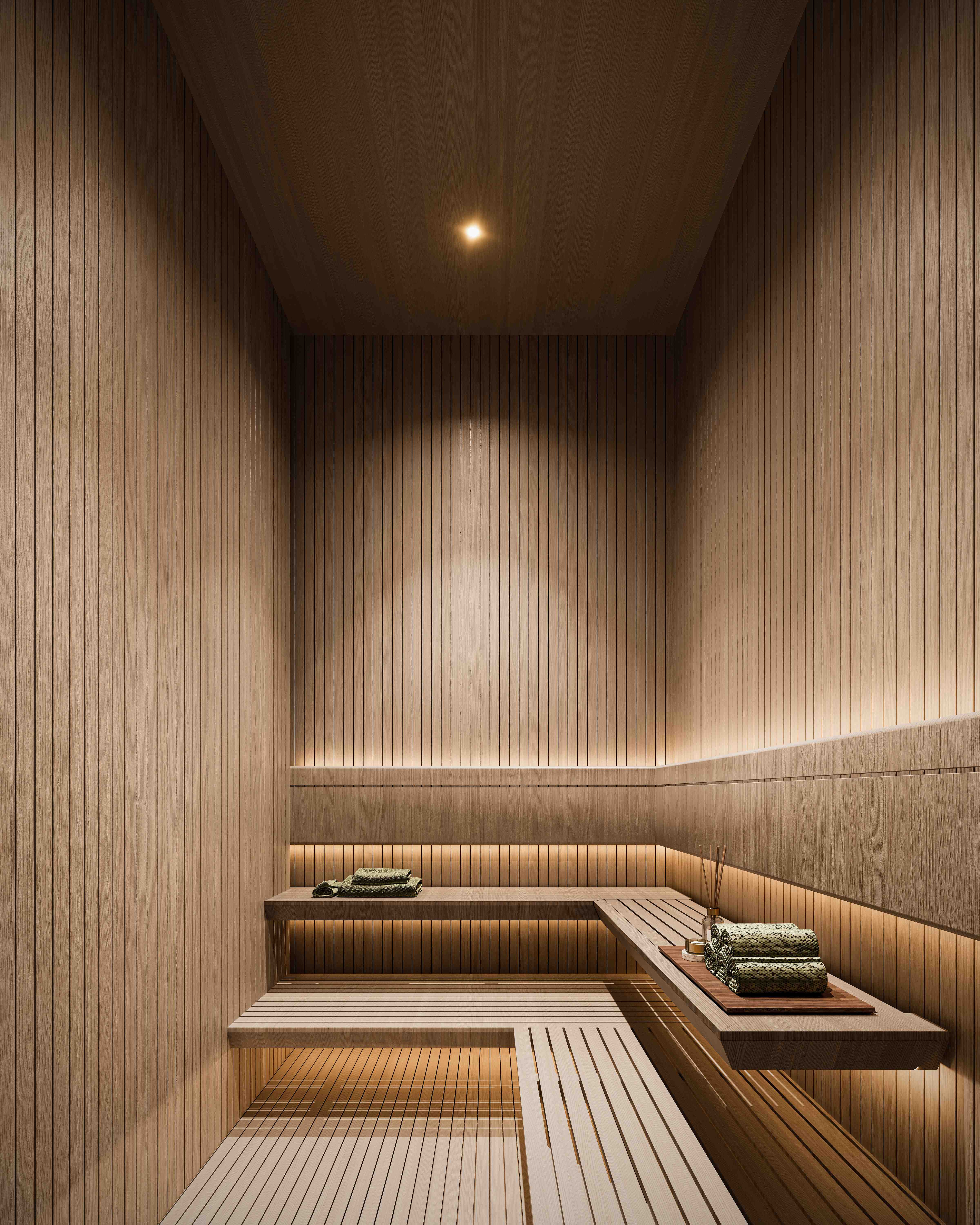 Traditional wooden sauna with clean lines and ambient lighting